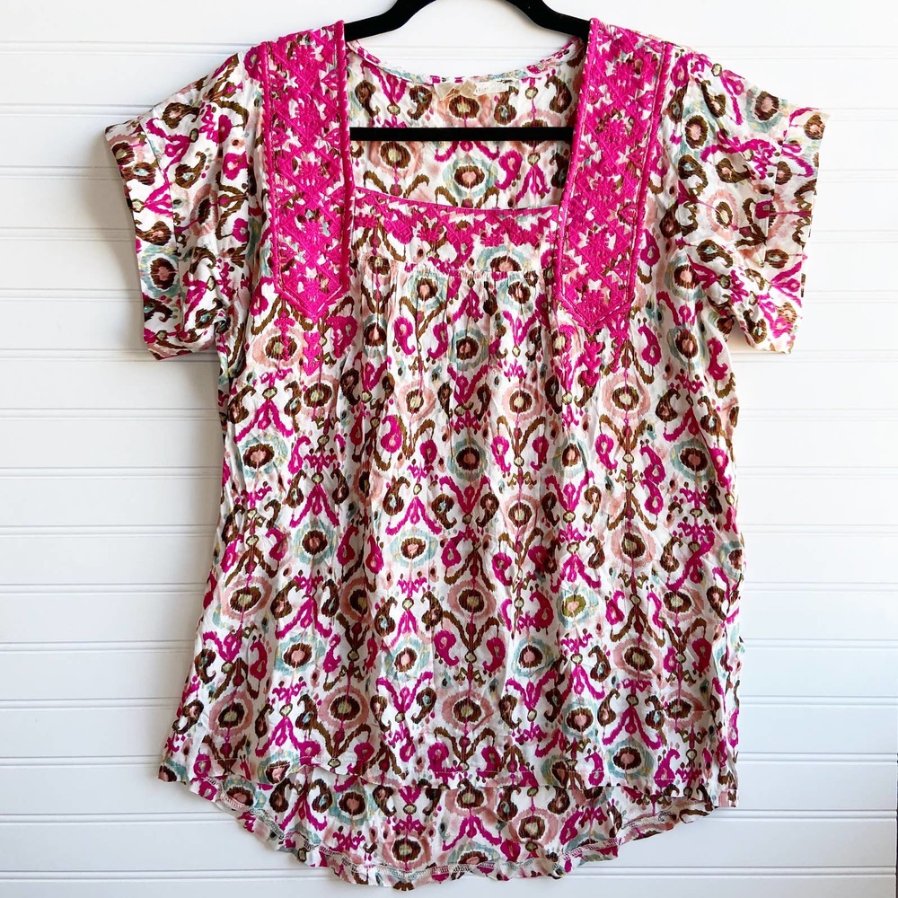 Solitaire XLarge Pink Boho Floral Embroidered Square Neck Peasant Blouse